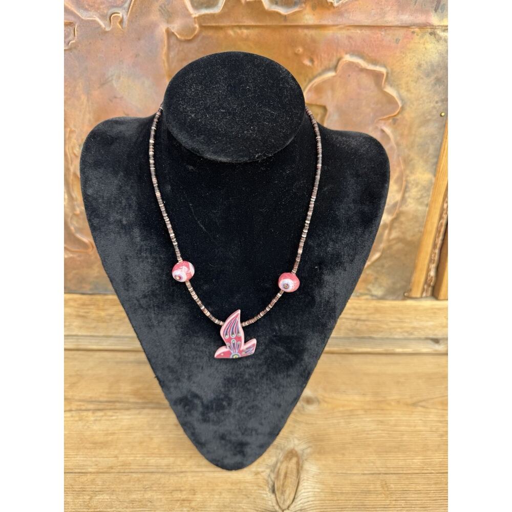 Vintage Artisan Ceramic Bird & Heishi Choker Necklace